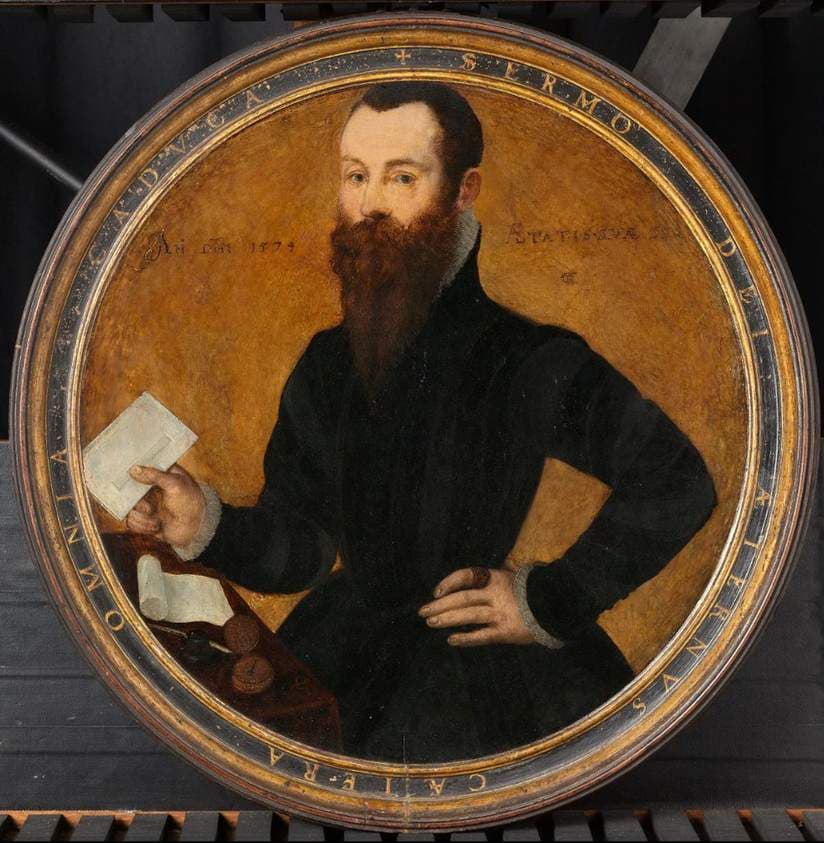 Portrait of Adam Wachendorff, with a Putto Blowing Bubbles — Ketel Cornelis