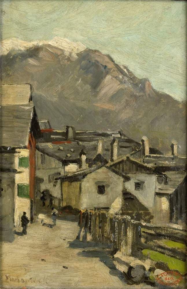 Houses along a road near a mountain (Innsbruck?) — Geo Poggenbeek