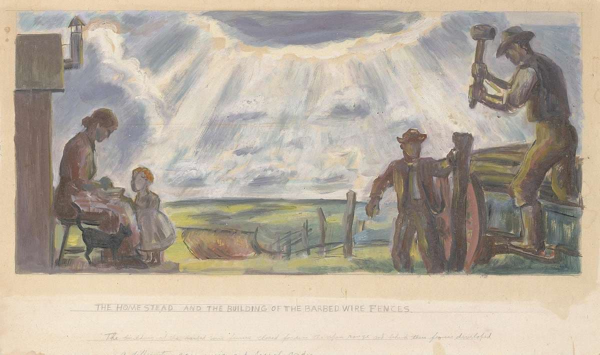 The Homestead and the Building of the Barbed Wire Fences (Mural Study for Interior Building, General Land Office, Washington, D.C.) — John Steuart Curry