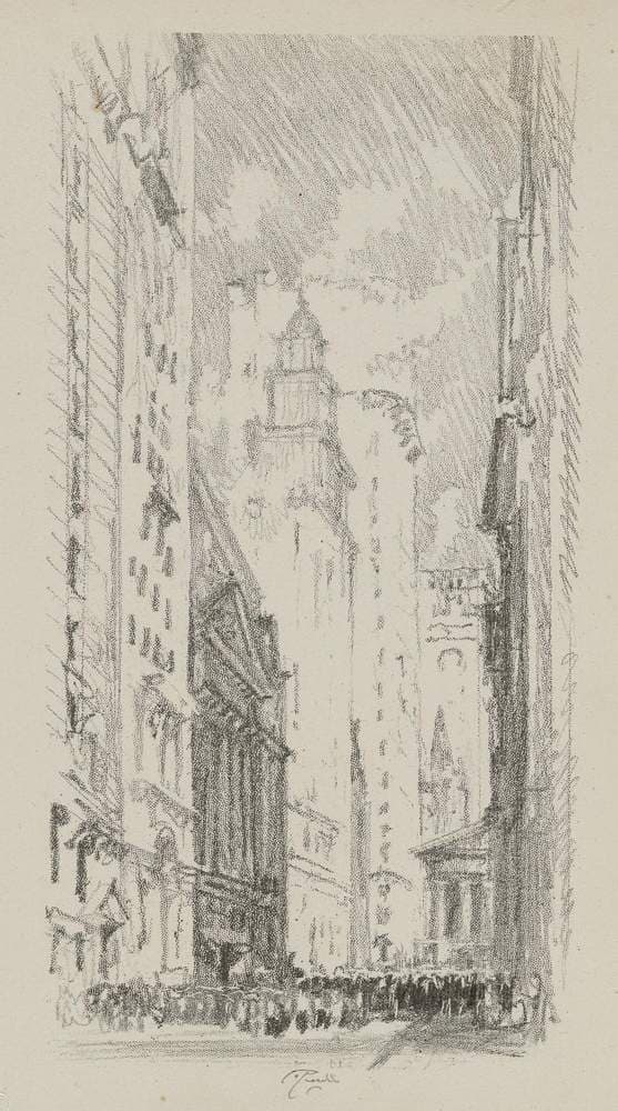 The Stock Exchange (from portfolio, Lithographs of New York in 1904) — Joseph Pennell