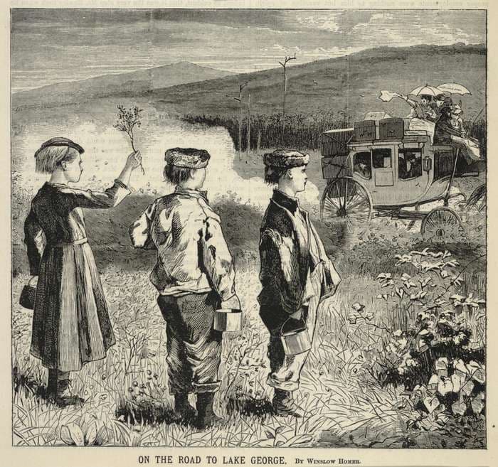 On the Road to Lake George, from Appletons' Journal of Literature, Science, and Art, July 24, 1869 — Winslow Homer
