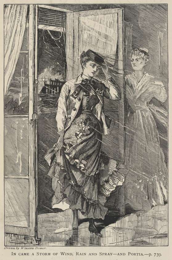 In Came a Storm of Wind, Rain and Spray--and Portia, from The Galaxy, December 1869 — Winslow Homer