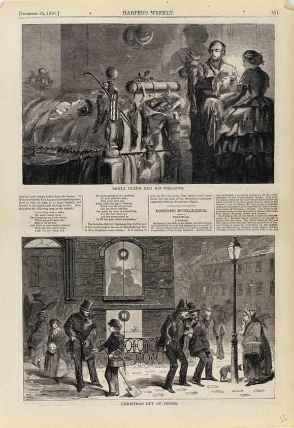 Santa Claus and His presents/Christmas Out of Doors, from Harper's Weekly, December 25, 1858, p. 821 — Winslow Homer