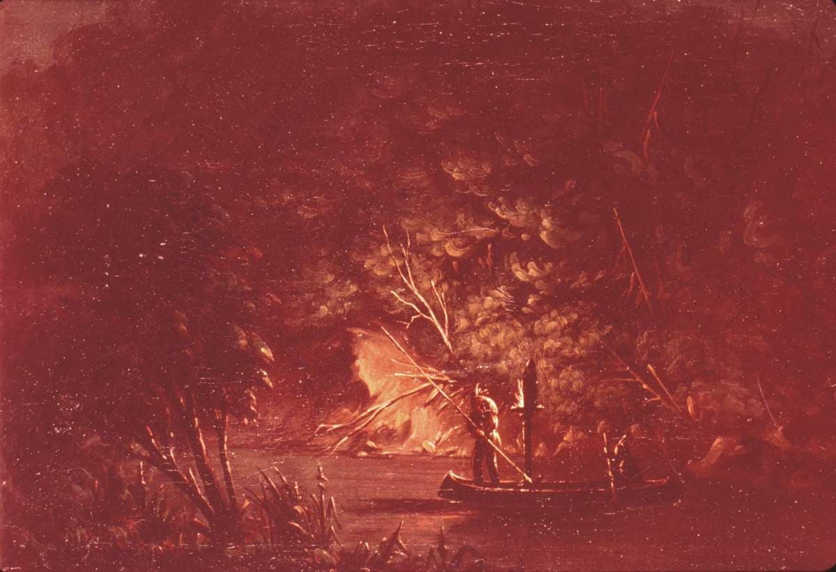 Ojibwe Spearing Salmon by Torchlight — George Catlin