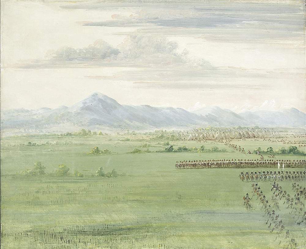 Comanche Warriors, with White Flag, Receiving the Dragoons — George Catlin