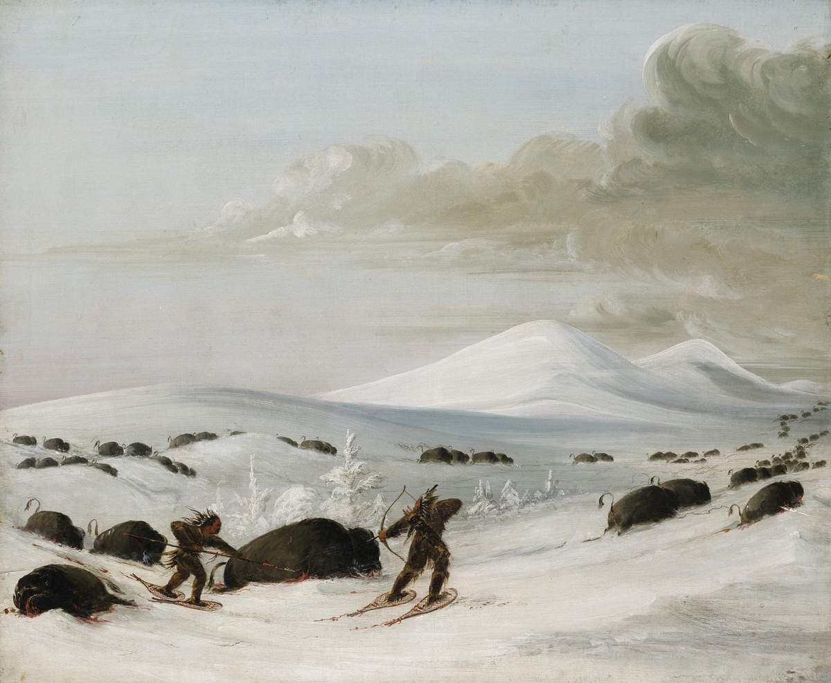 Buffalo Chase in Snowdrifts, Indians Pursuing on Snowshoes — George Catlin