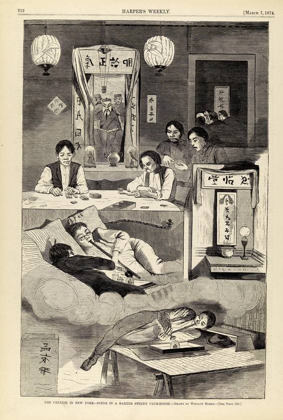The Chinese in New York--Scene in a Baxter Street Club-House, from Harper's Weekly, March 7, 1874 — Winslow Homer