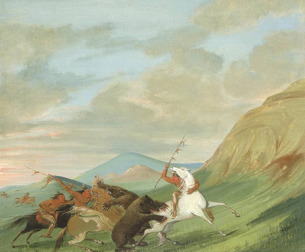 Grizzly Bears Attacking Indians on Horseback — George Catlin