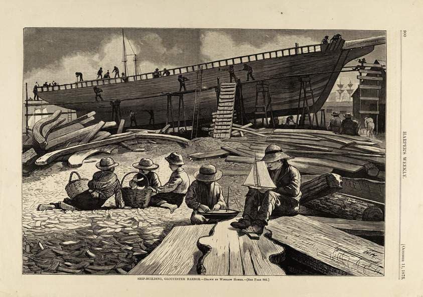 Ship-building, Gloucester Harbor, from Harper's Weekly, October 11, 1873 — Winslow Homer