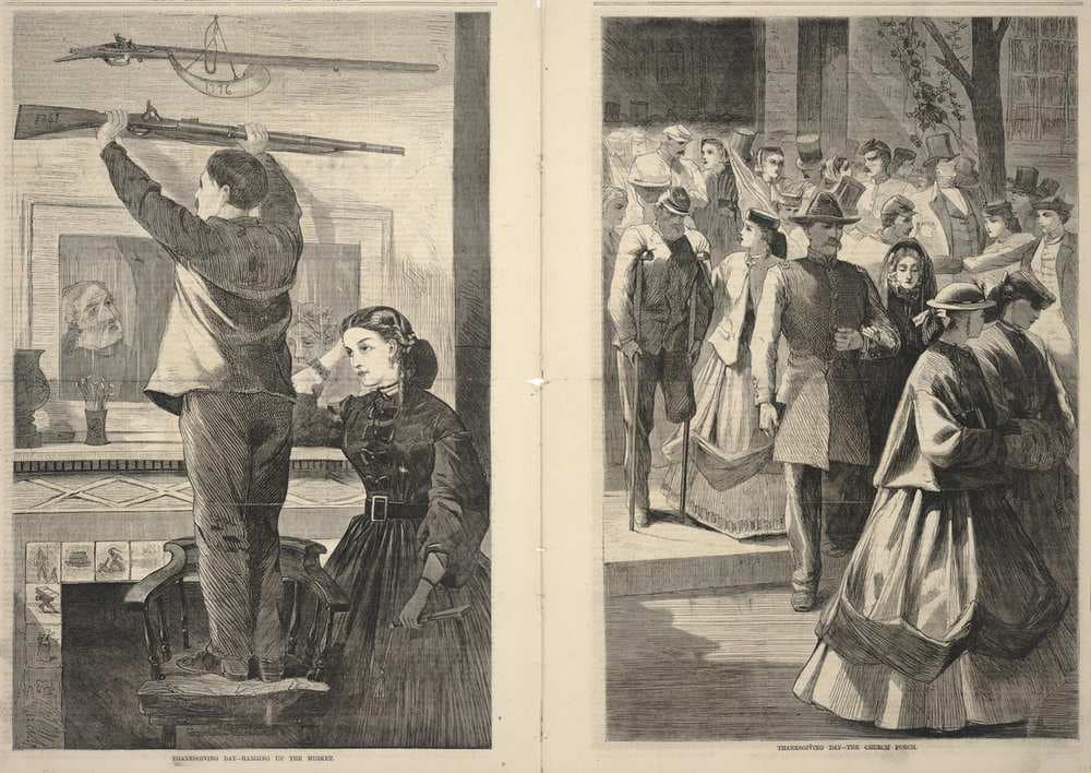 Thanksgiving Day--Hanging up the Musket/Thanksgiving Day--The Church Porch, from Frank Leslie's Illustrated Newspaper, December 23, 1865 — Winslow Homer