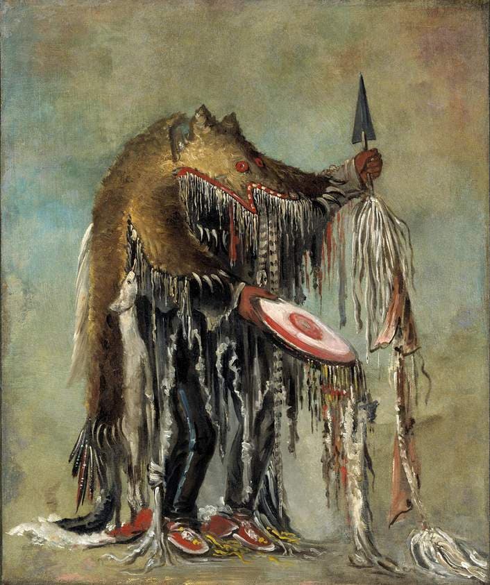 Medicine Man, Performing His Mysteries over a Dying Man — George Catlin
