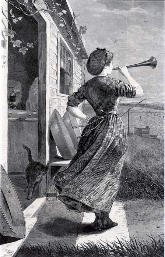 The Dinner Horn, from Harper's Weekly, June 11, 1870 — Winslow Homer