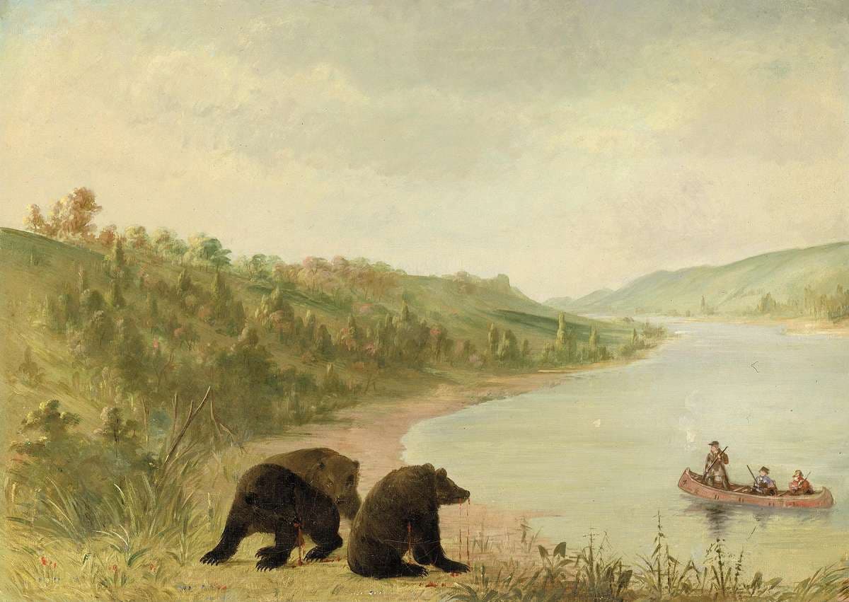 Catlin and His Men in Their Canoe, Urgently Solicited to Come Ashore, Upper Missouri — George Catlin