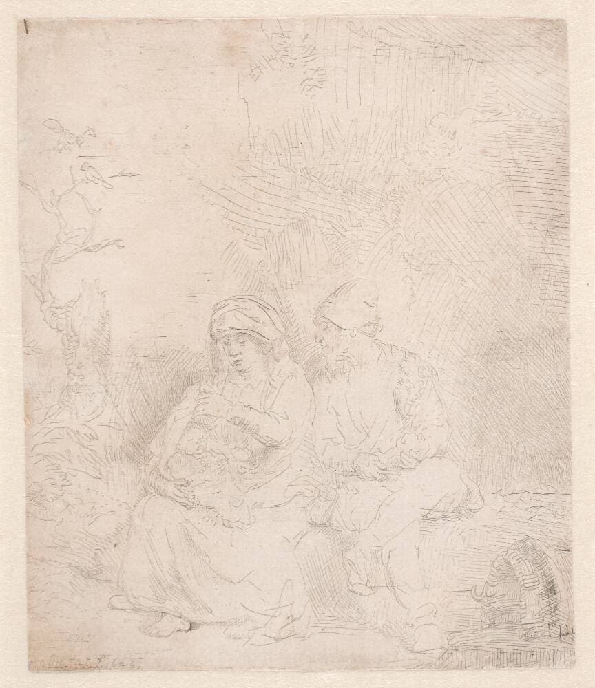 Hvile på flugten til Egypten. Let ætset — Rembrandt van Rijn