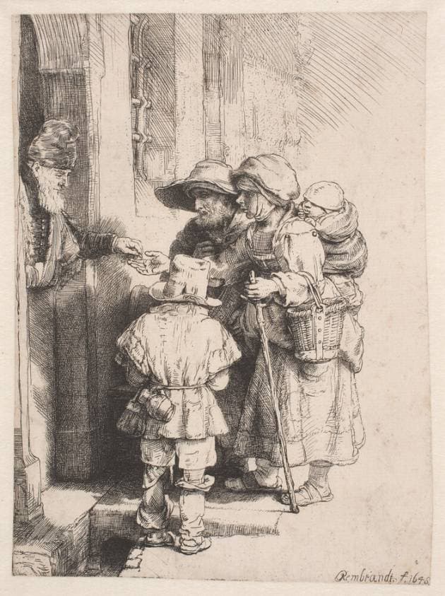 Tiggere der får en almisse ved en dør — Rembrandt van Rijn