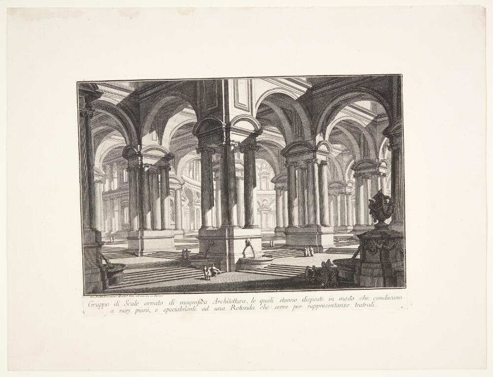 Trappegange, indfældet i prægtig arkitektur, med forskellige afsatser, specielt en rotunda beregnet til opførelse af teaterstykker — Giovanni Battista Piranesi