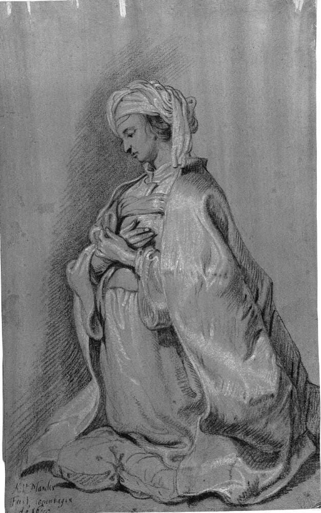Knælende figur på en pude med turban. Vendt mod venstre. Hændene foldet over brystet. — Mander III, Karel van