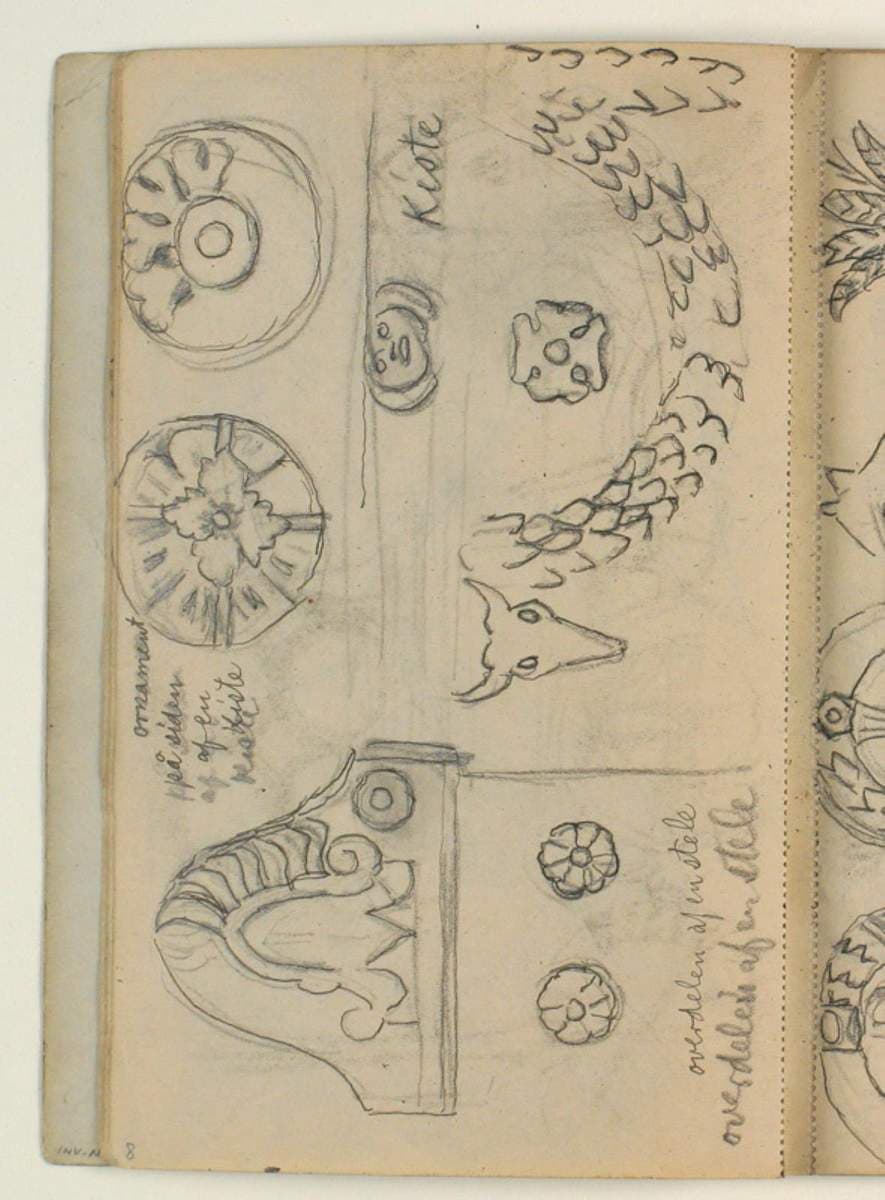 Studier af forskellig gravmæleornamentik. Notater — Niels Larsen Stevns