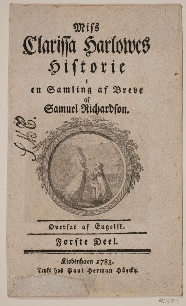 Titelblad med vignet til S. Richardson: "Miss Clarissa Harlowes Historie", første del — Georg Christian Schule