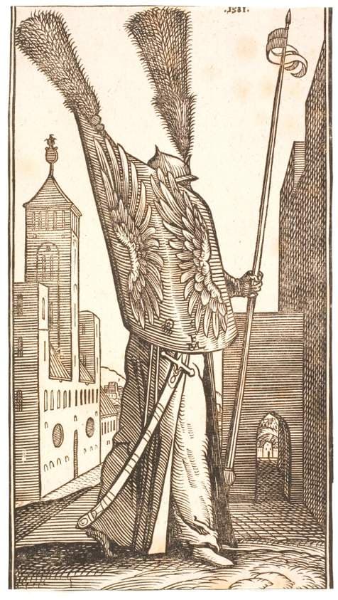 Stående soldat med skjold med ørnevinger samt hjelm prydet med en mægtig fjerbusk — Melchior Lorck