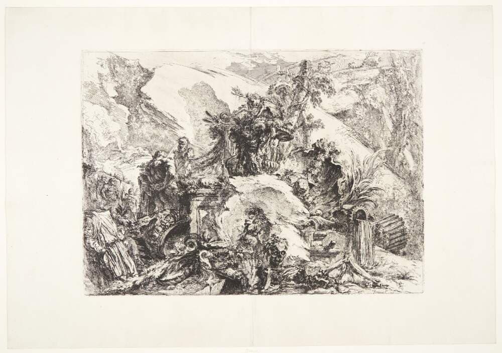 Skeletterne. Dekorativ capriccio med skeletter i forgrunden, Farnese Herkules-statuen til venstre, fyldte urner til højre og en vase i midten — Giovanni Battista Piranesi