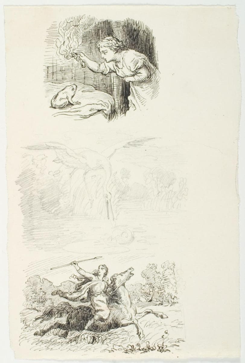 Tre illustrationsudkast til H.C. Andersen, "Dynd-Kongens Datter" — Lorenz Frølich