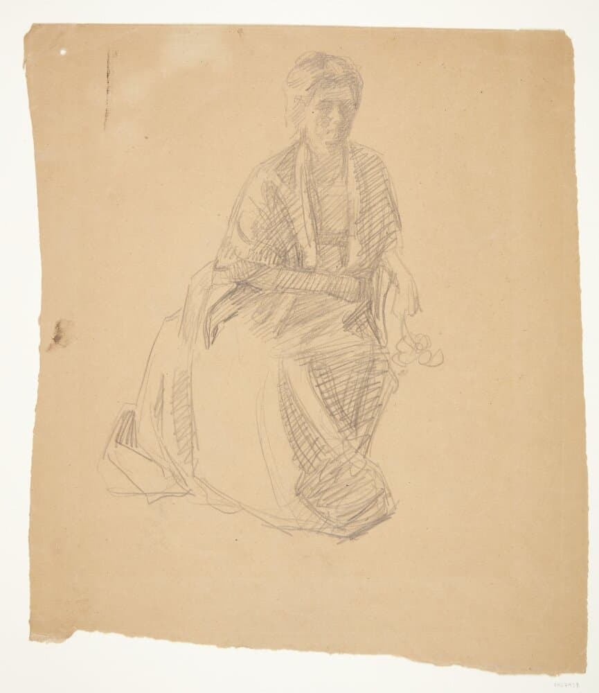 Kunstnerens hustru (Fru Elise P. H.) siddende. Studie til maleriet: Faaborgmuseets Indvielse (1910-11) — Peter Hansen