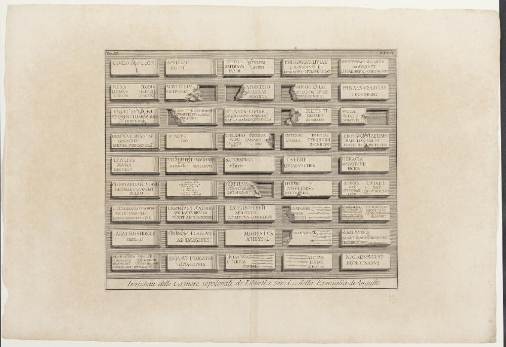 Iscrizioni delle Camere sepolcrali de' Liberti e Servi, ec. della Famiglia di Augusto, XXXII — Giovanni Battista Piranesi