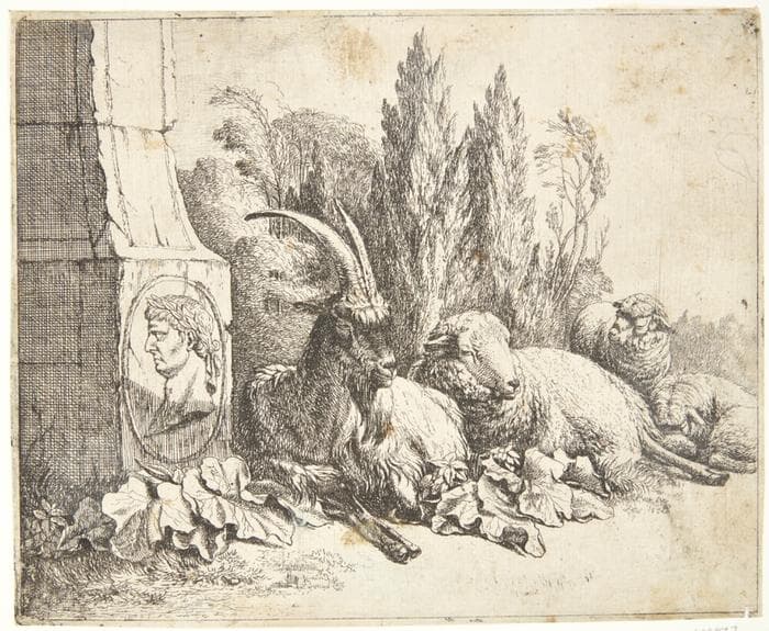 Liggende ged og tre får nær en obelisk med buste af romersk kejser — Johann Heinrich Roos