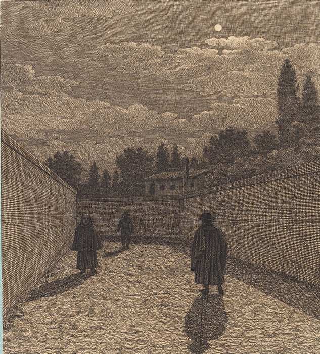 Måneskin over en vej med tre figurer. Illustration til "Linearperspectiven", Tavle IV — Christoffer Wilhelm Eckersberg