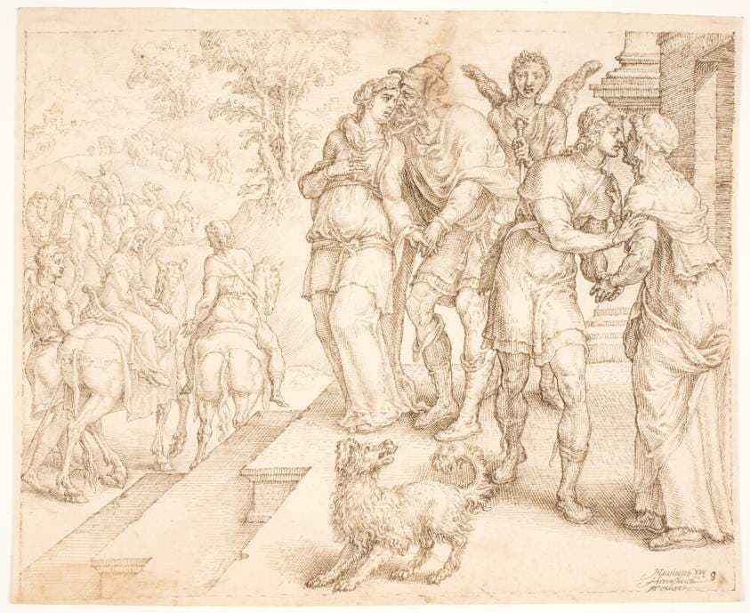 Tobias og Sara tager afsked med Raguel og Edna — Maarten van Heemskerck