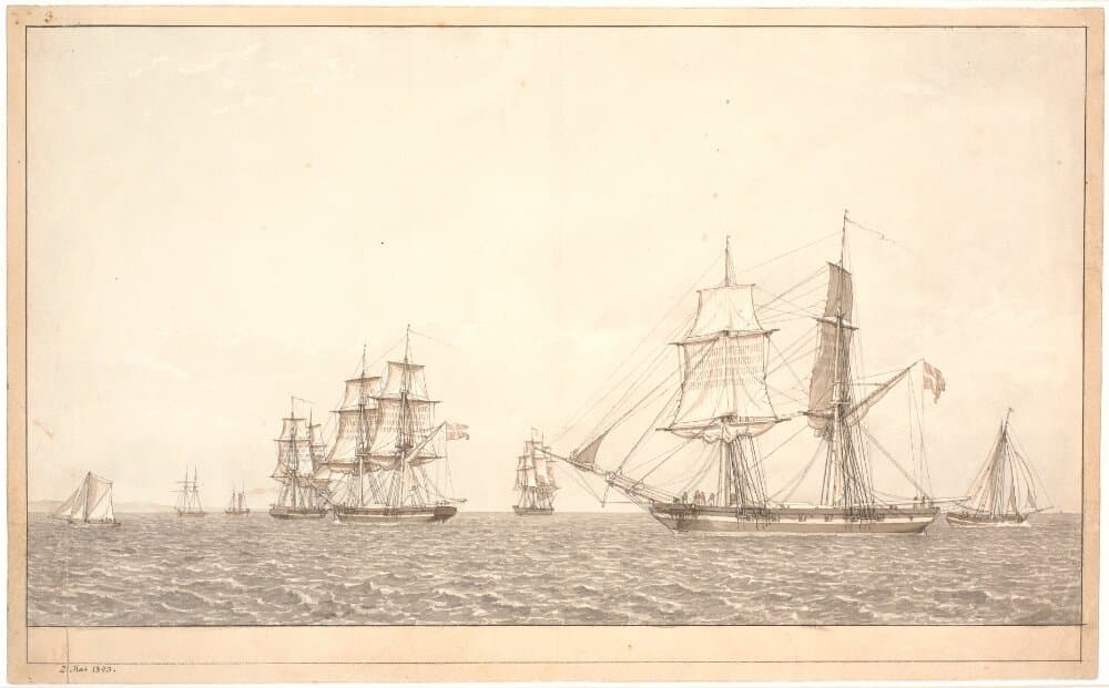 Krigsskibe under sejl i sundet. — Christoffer Wilhelm Eckersberg