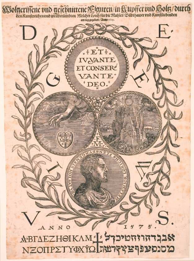 Titelblad til "Wolgerissene und geschnittene Figuren in Kupffer und Holz durch. Den Kunstreichen und weitberümten Melcher Lorch für die Mahler Bildthawer und Kunstliebenden. an tag gegeben Anno 1619" — Melchior Lorck