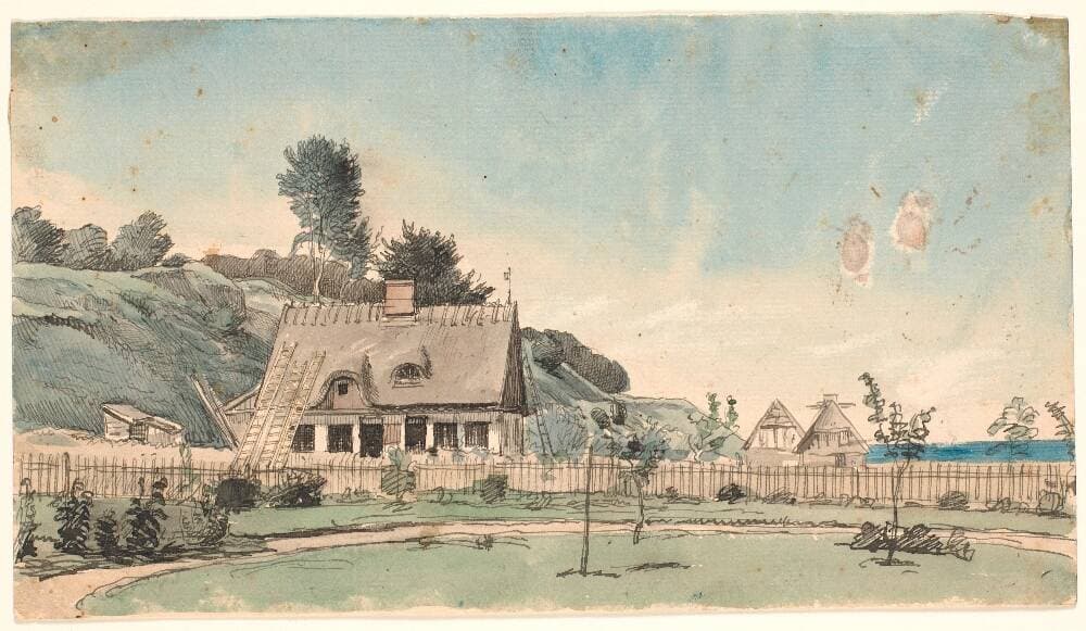 Kystlandskab med stråtækte huse. — P.C. Skovgaard