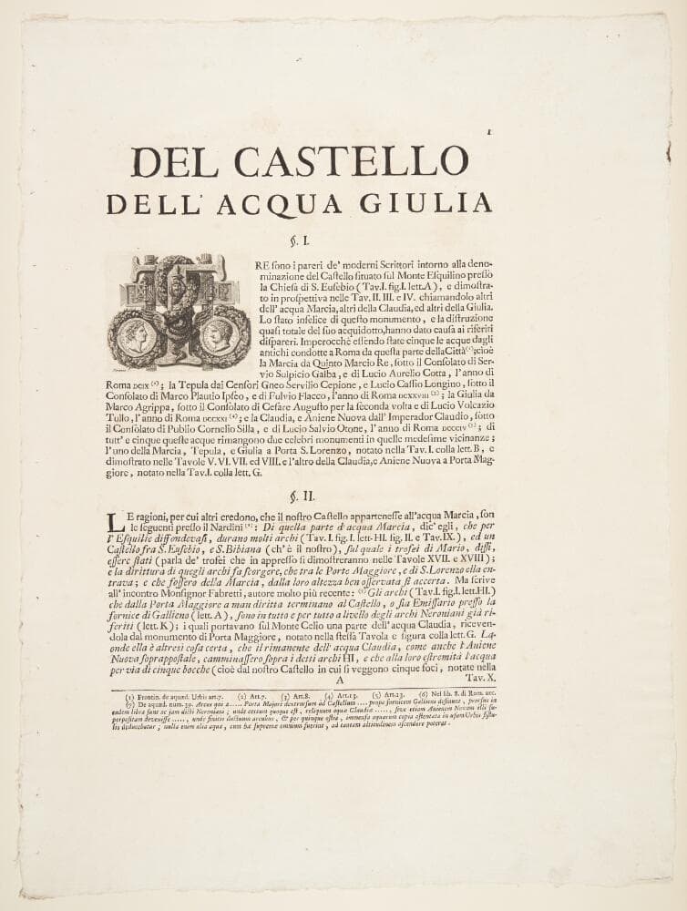 Acqua Giulia-fontænen. Tekstblad med bogstavet "T" indfældet i ornamentik — Giovanni Battista Piranesi