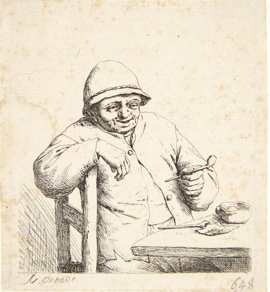 Bonde, siddende ved et bord med en pibe i hånden — Adriaen van Ostade