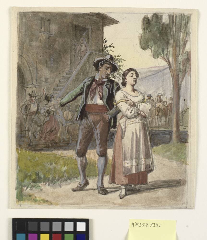 Ungt par, der er uenige, i baggrunden dansende foran et hus — Wilhelm Marstrand