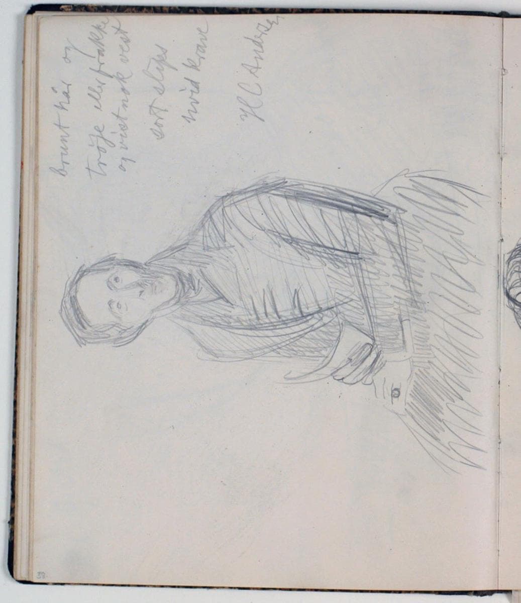 Studie af H. C. Andersen efter maleri af Chr. Albr. von Benzon 1835. Farveangivelser — Niels Larsen Stevns