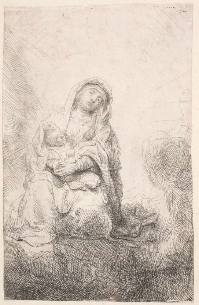 Jomfru Maria med Kristusbarnet i skyerne — Rembrandt van Rijn