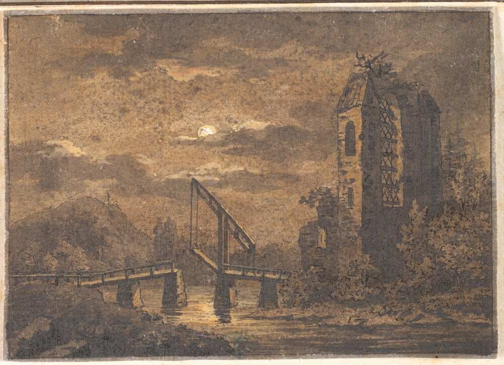 Landskab med vippebro og ruin i måneskin — Caspar David Friedrich