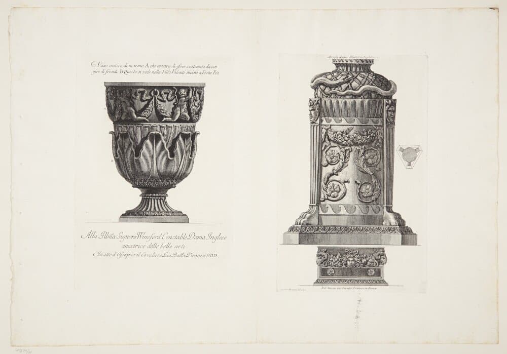 Marmorvase med frise af putti og vinranker samt marmortrefod udsmykket med slange, frugtranker og satyrhoveder — Giovanni Battista Piranesi