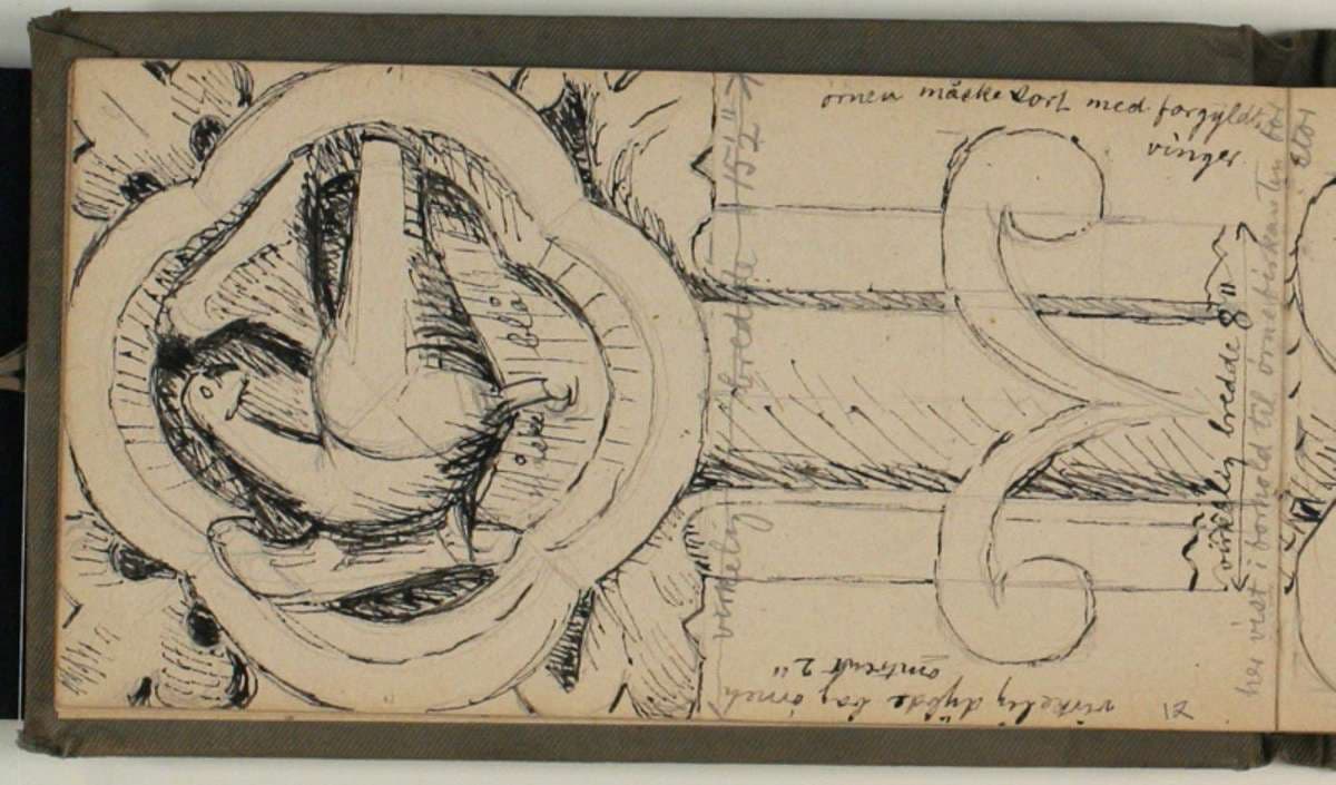 Studie af korsarm på Egebjerg-krucifixet. Firpasset viser ørnen, Johannes' evangelistsymbol. Notater vedr. mål og farver — Niels Larsen Stevns
