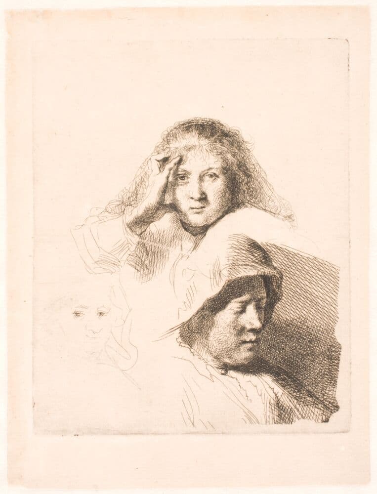 Studieblad med tre kvindehoveder, f.o. portræt af Saskia — Rembrandt van Rijn