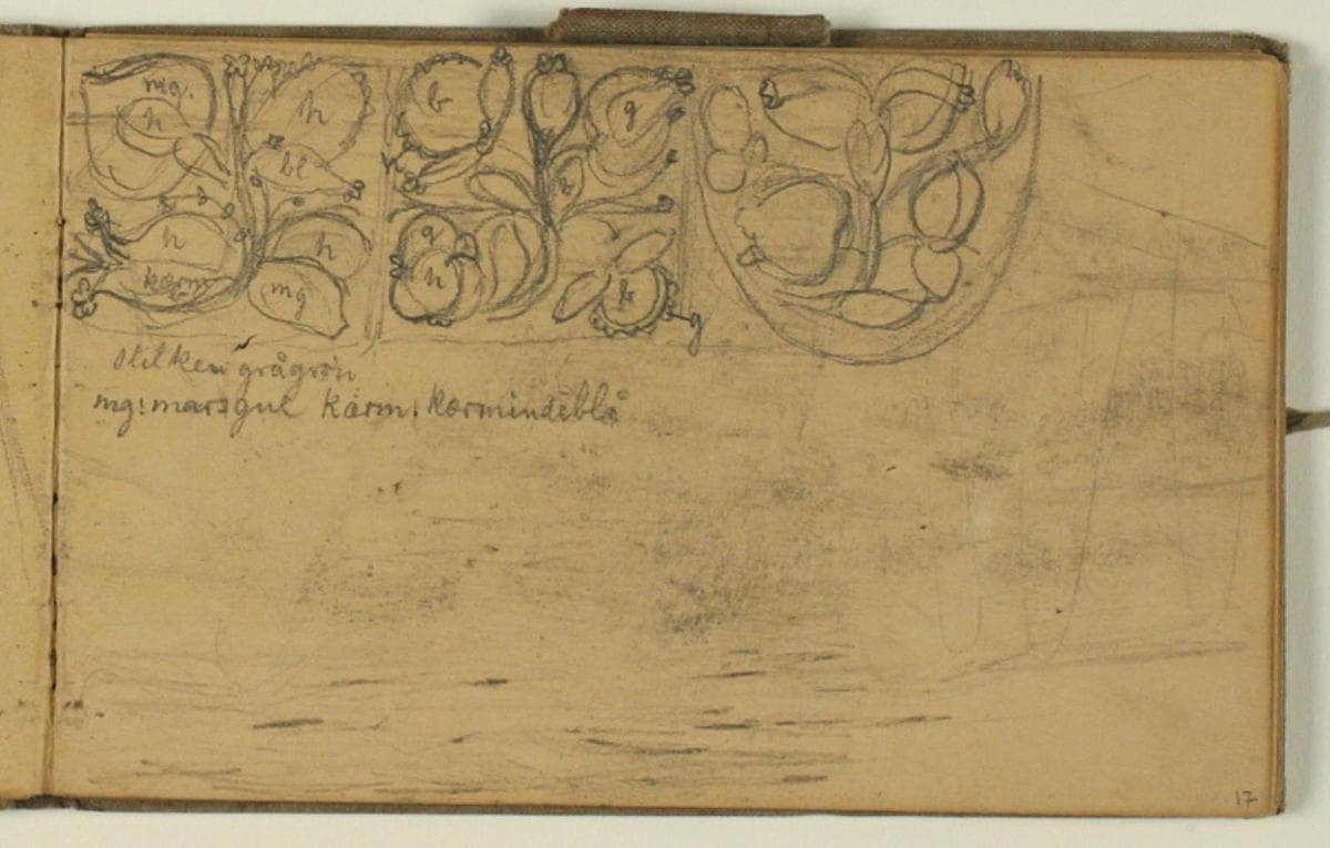 Ornamentstudier med farveangivelser. Herunder udvisket motiv — Niels Larsen Stevns