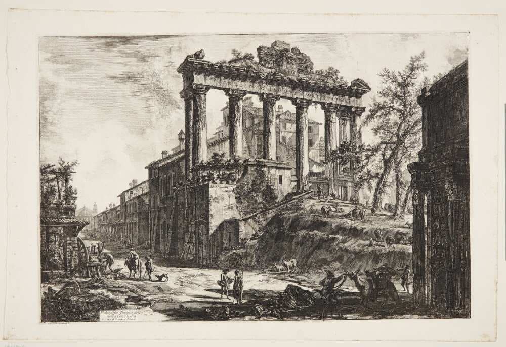 Det såkaldte Concordia-tempel, med Saturn-templet og Septimius Severus' triumfbue til højre — Giovanni Battista Piranesi