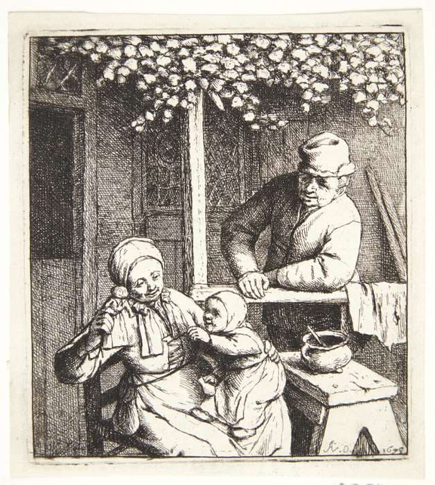 Familie uden for et bondehus, moren med en trædukke i hånden — Adriaen van Ostade