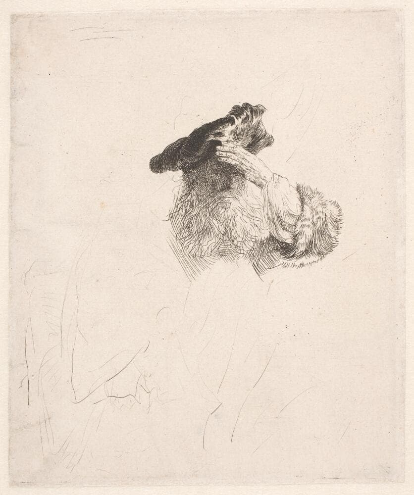Gammel mand, der skygger med hånden for øjnene — Rembrandt van Rijn