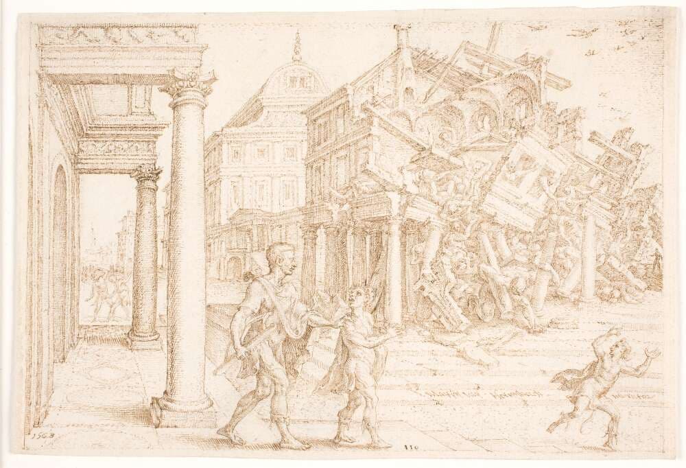 Samson ødelægger huset med filistrene — Maarten van Heemskerck