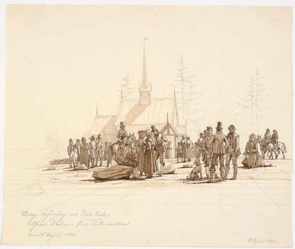 Søndagsforsamling ved Dale Kirke — Martinus Rørbye