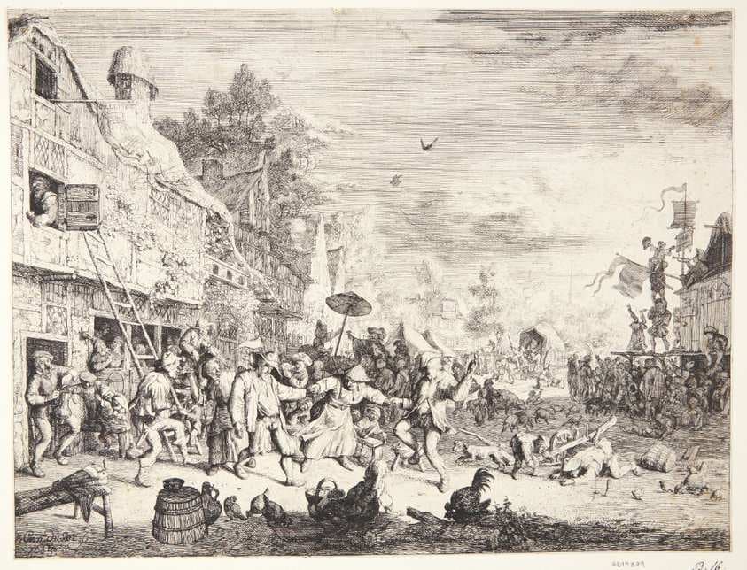 Markedsdag med festende bønder i en landsby — Cornelis Dusart